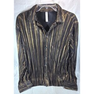 Pina Colada Women's Long Sleeve Pleated Black Gold Tinsel Shirt - Medium